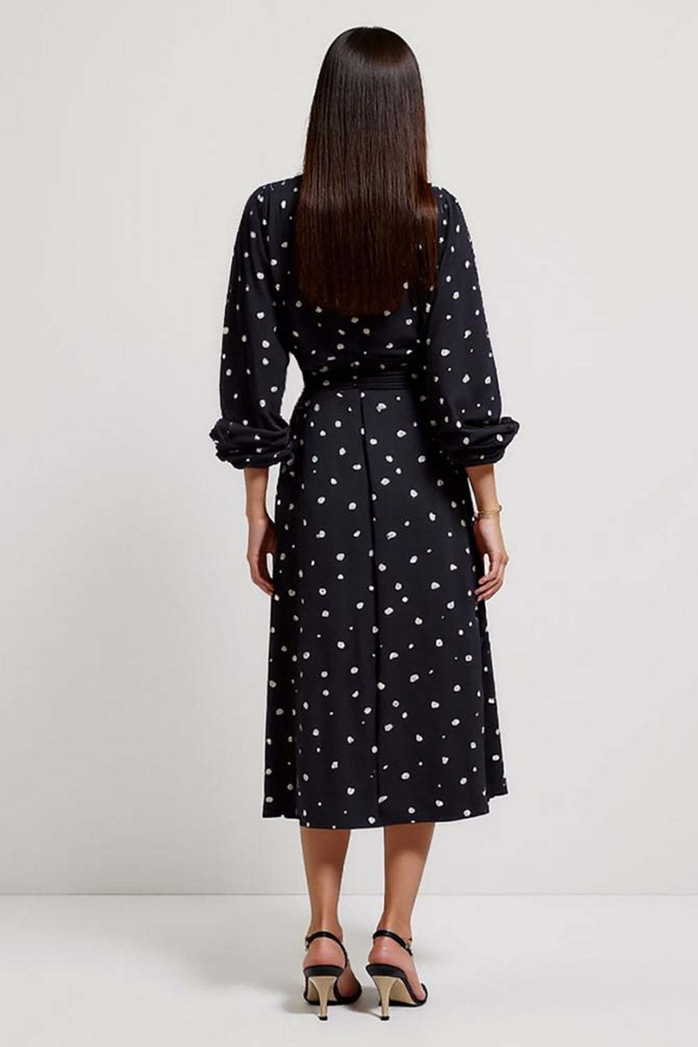Black V-Neck Midi Ruched Polka Dot Dress with Slit