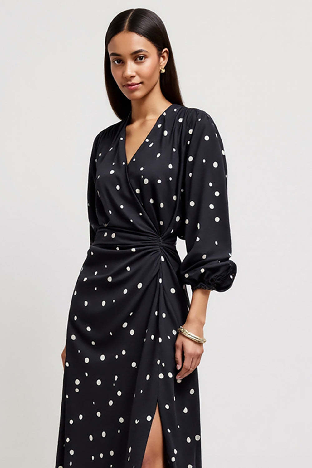 Black V-Neck Midi Ruched Polka Dot Dress with Slit