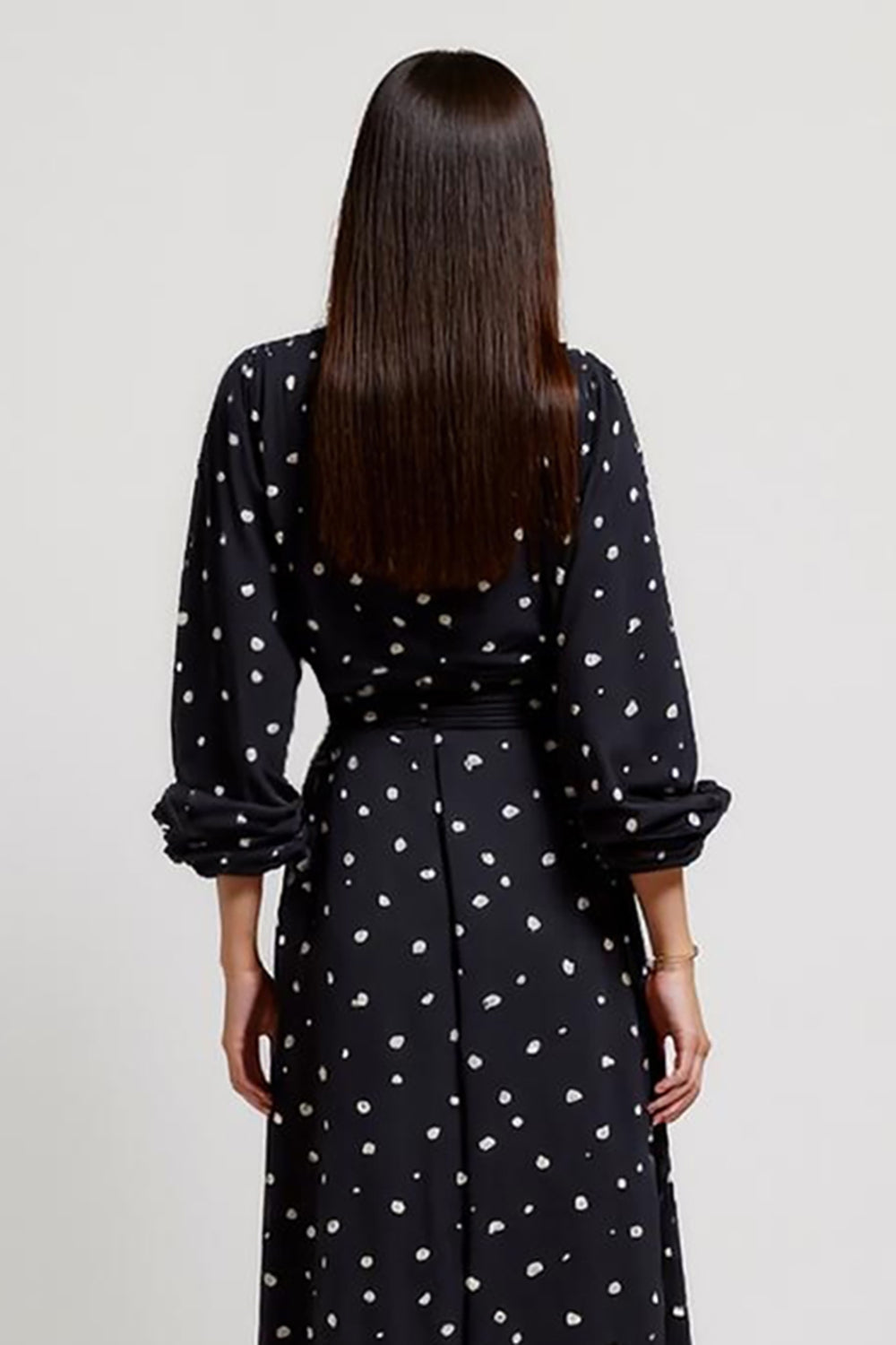 Black V-Neck Midi Ruched Polka Dot Dress with Slit