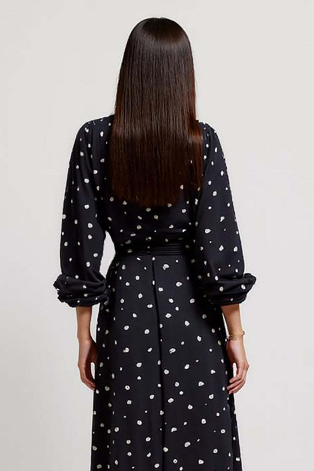 Black V-Neck Midi Ruched Polka Dot Dress with Slit