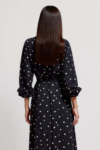 Black V-Neck Midi Ruched Polka Dot Dress with Slit