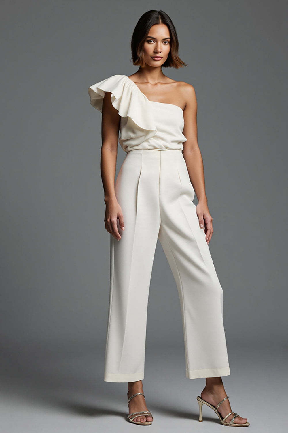 Leely Women Ivory Ruffles Fitted Work Jumpsuits One Shoulder Interview Jumpsuits