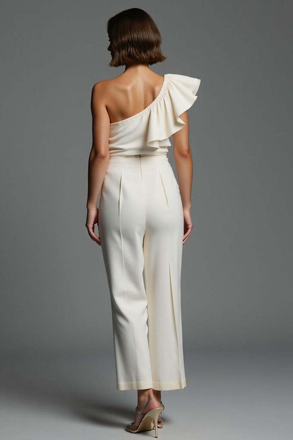 Ivory One Shoulder Fitted Work Jumpsuits with Ruffles