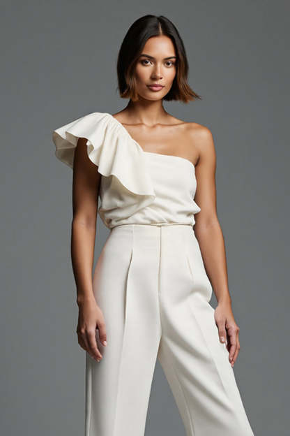 Ivory One Shoulder Fitted Work Jumpsuits with Ruffles