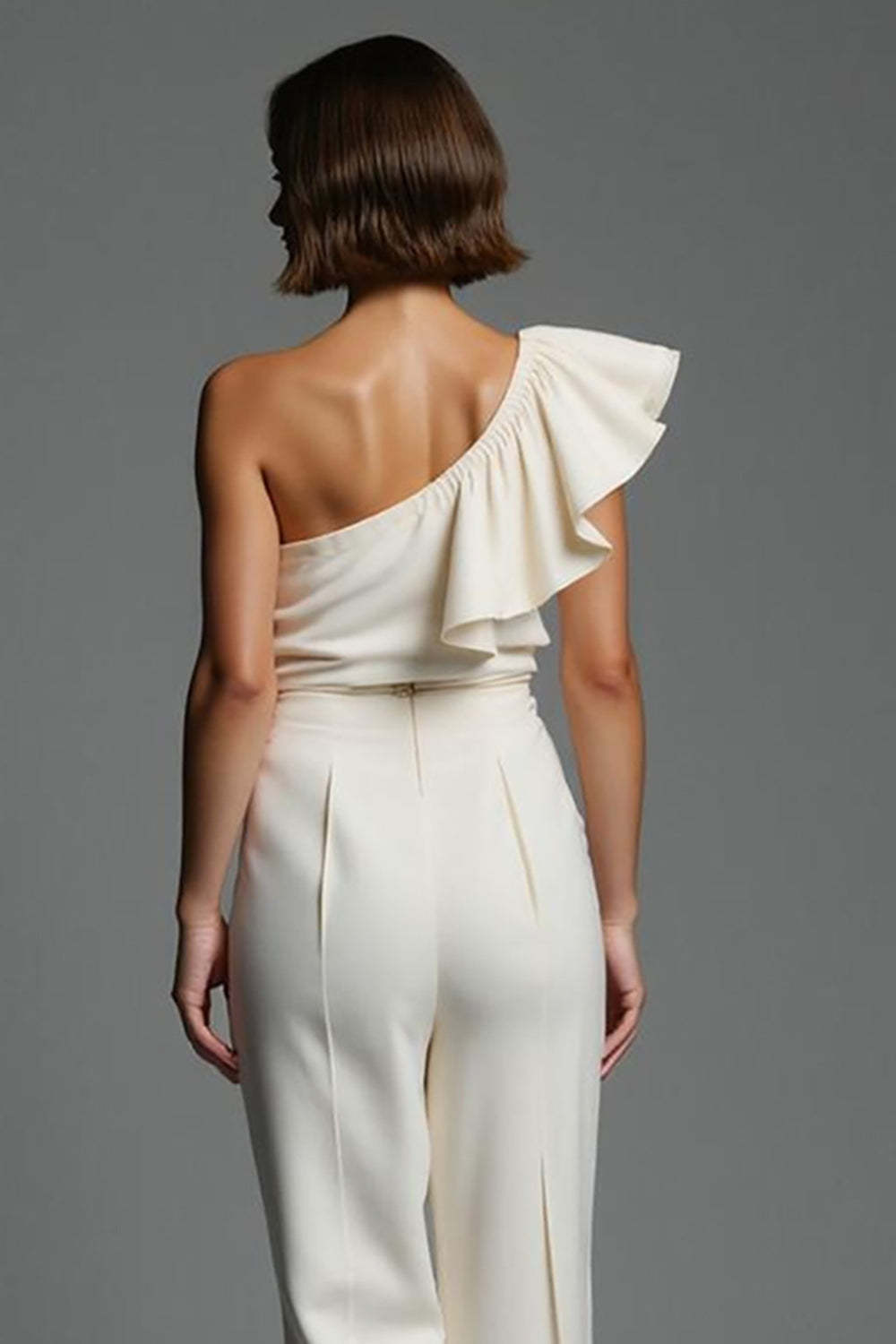 Ivory One Shoulder Fitted Work Jumpsuits with Ruffles