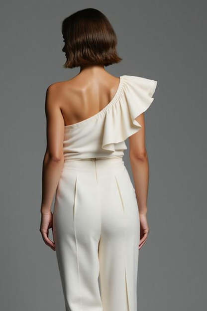 Ivory One Shoulder Fitted Work Jumpsuits with Ruffles