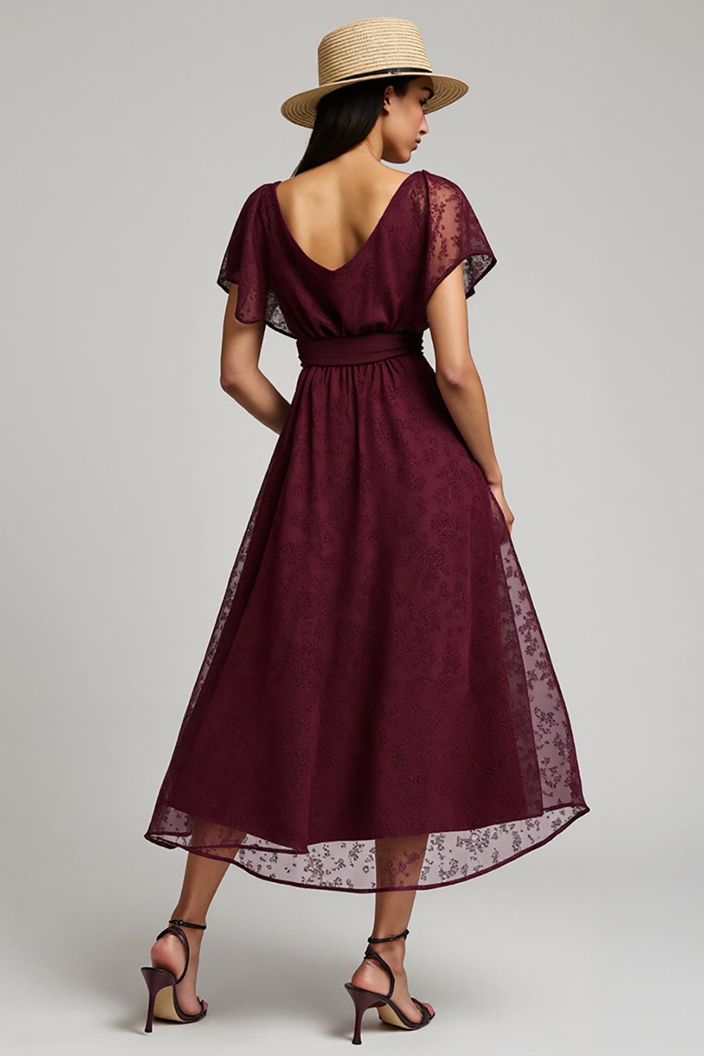 Burgundy Bateau A Line Maxi Lace Work Dress with Sleeves