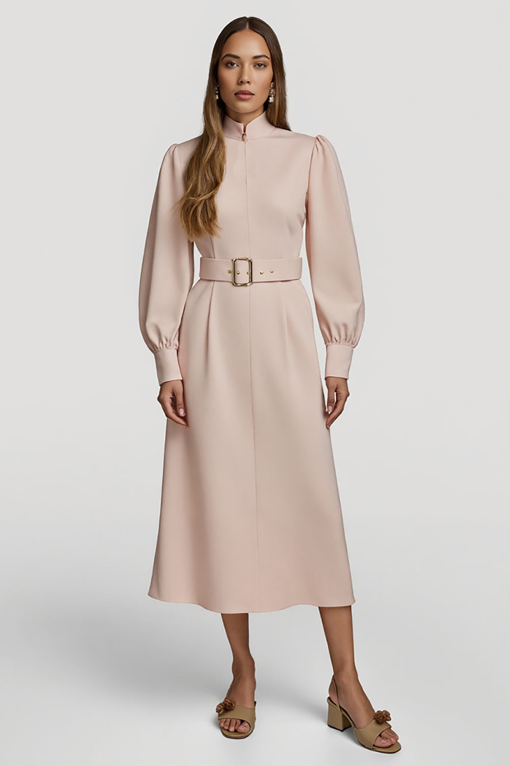 Leely Women Grey Pink Satin Midi Work Dress with Belts High Neck Long Sleeves Pencil Interview Dress