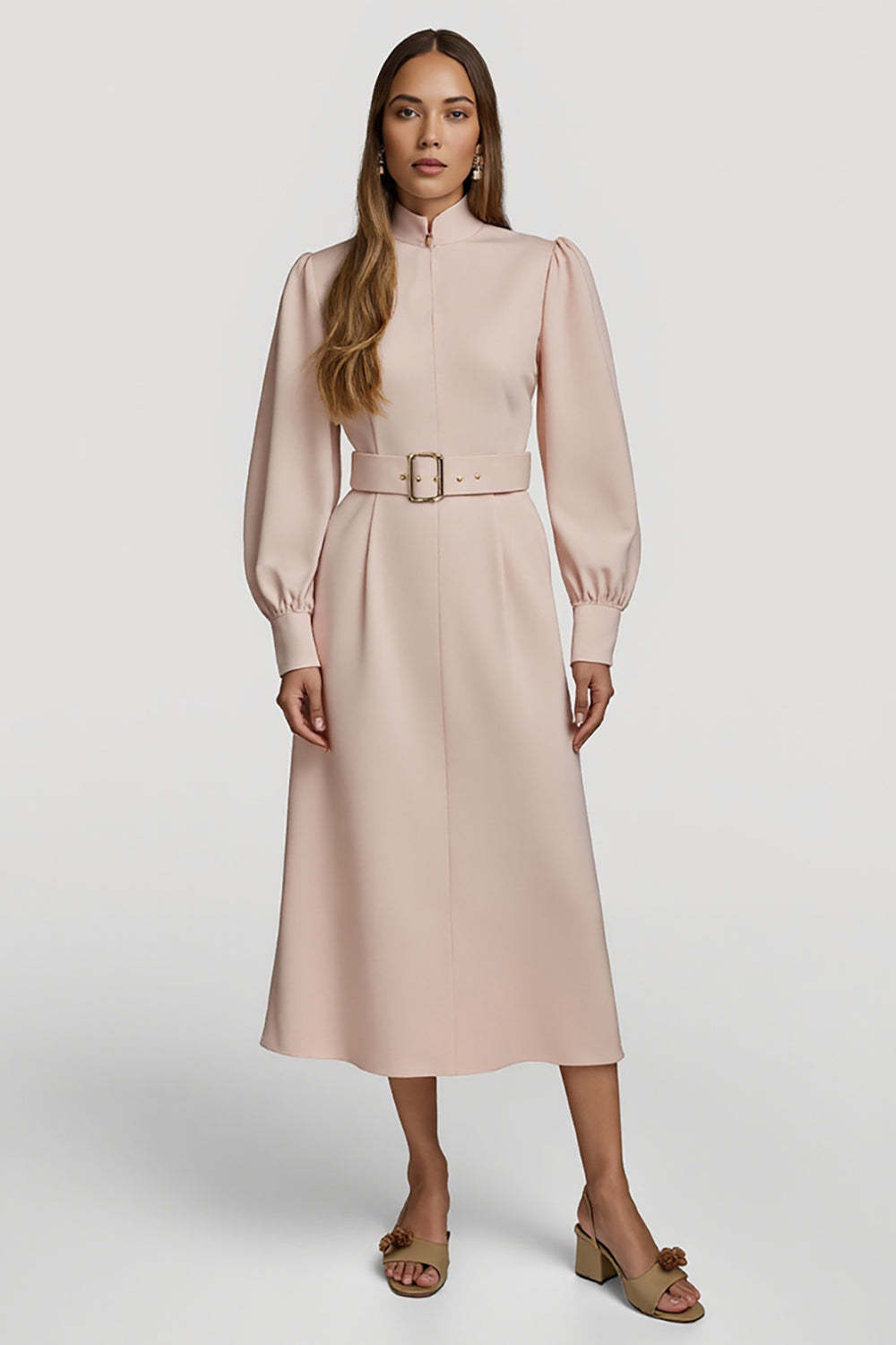 Leely Women Grey Pink Satin Midi Work Dress with Belts High Neck Long Sleeves Pencil Interview Dress