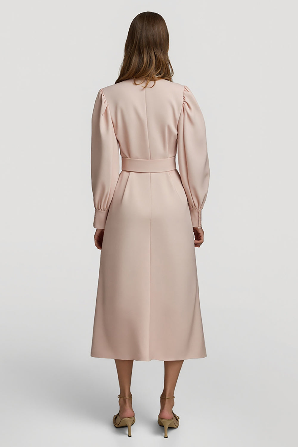 Midi Grey Pink High Neck Pencil Satin Work Dress with Belts