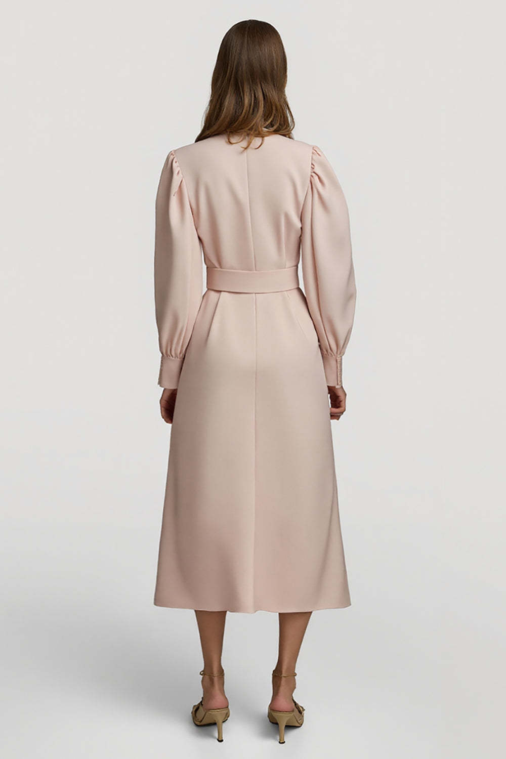 Midi Grey Pink High Neck Pencil Satin Work Dress with Belts