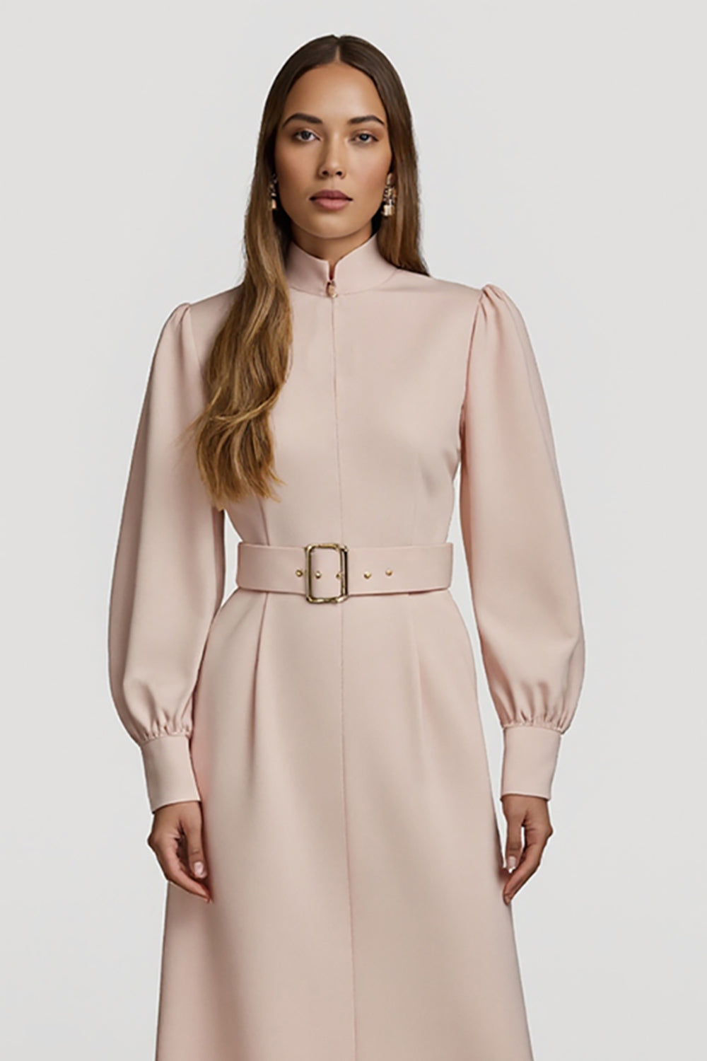 Midi Grey Pink High Neck Pencil Satin Work Dress with Belts