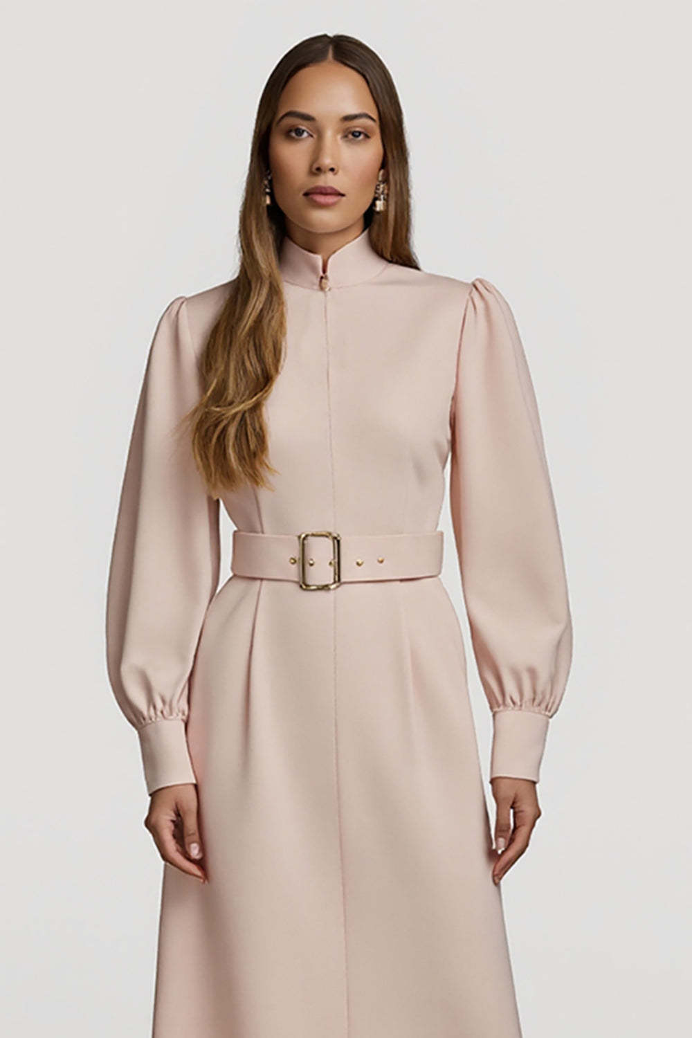 Midi Grey Pink High Neck Pencil Satin Work Dress with Belts