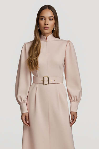 Midi Grey Pink High Neck Pencil Satin Work Dress with Belts