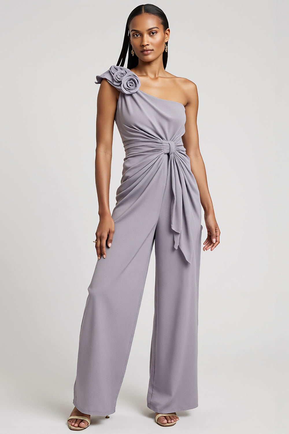 Grey Purple One Shoulder Ruched 3D Flowers Work Jumpsuits