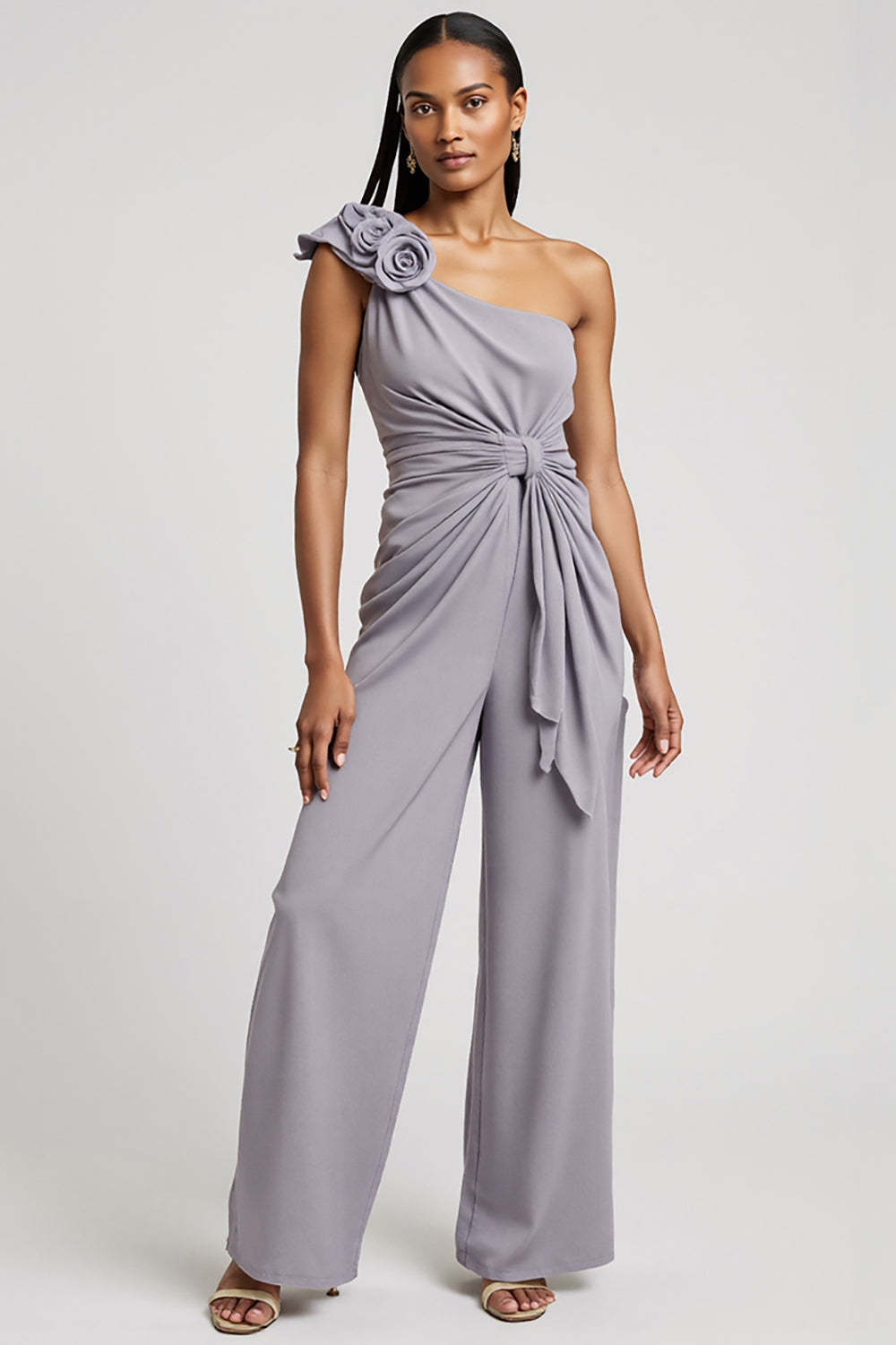 Leely Women Grey Purple Ruched Work Jumpsuits 3D Flowers One Shoulder Interview Jumpsuits