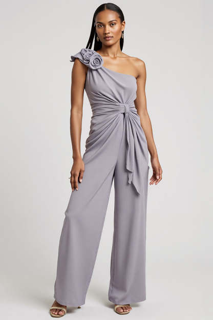 Leely Women Grey Purple Ruched Work Jumpsuits 3D Flowers One Shoulder Interview Jumpsuits