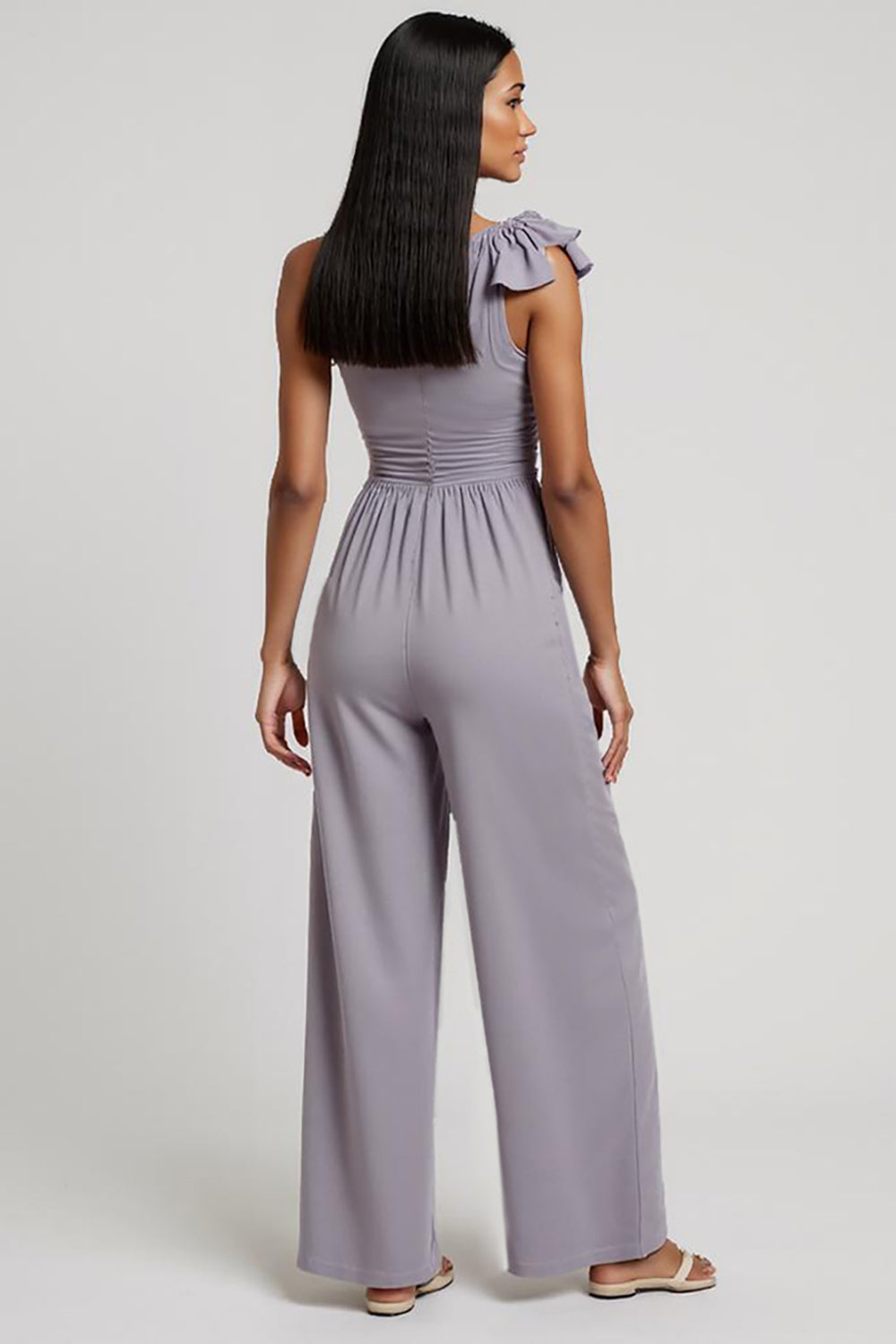 Grey Purple One Shoulder Ruched 3D Flowers Work Jumpsuits