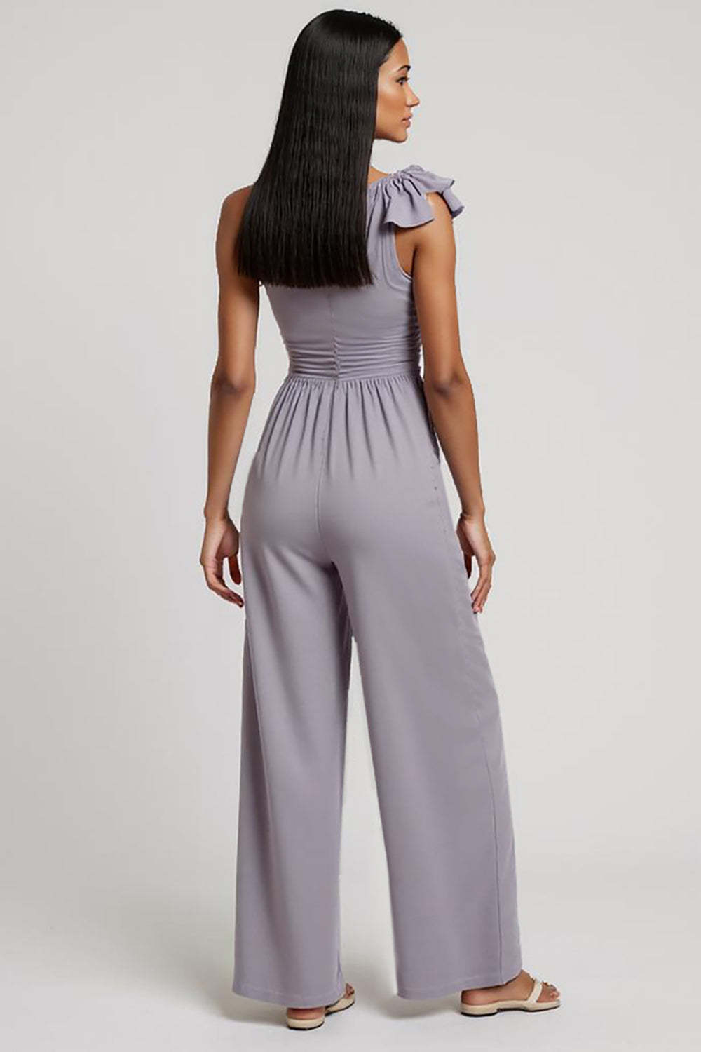 Grey Purple One Shoulder Ruched 3D Flowers Work Jumpsuits