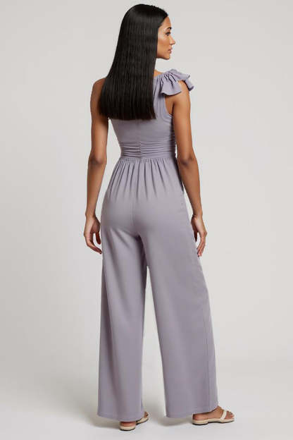 Grey Purple One Shoulder Ruched 3D Flowers Work Jumpsuits
