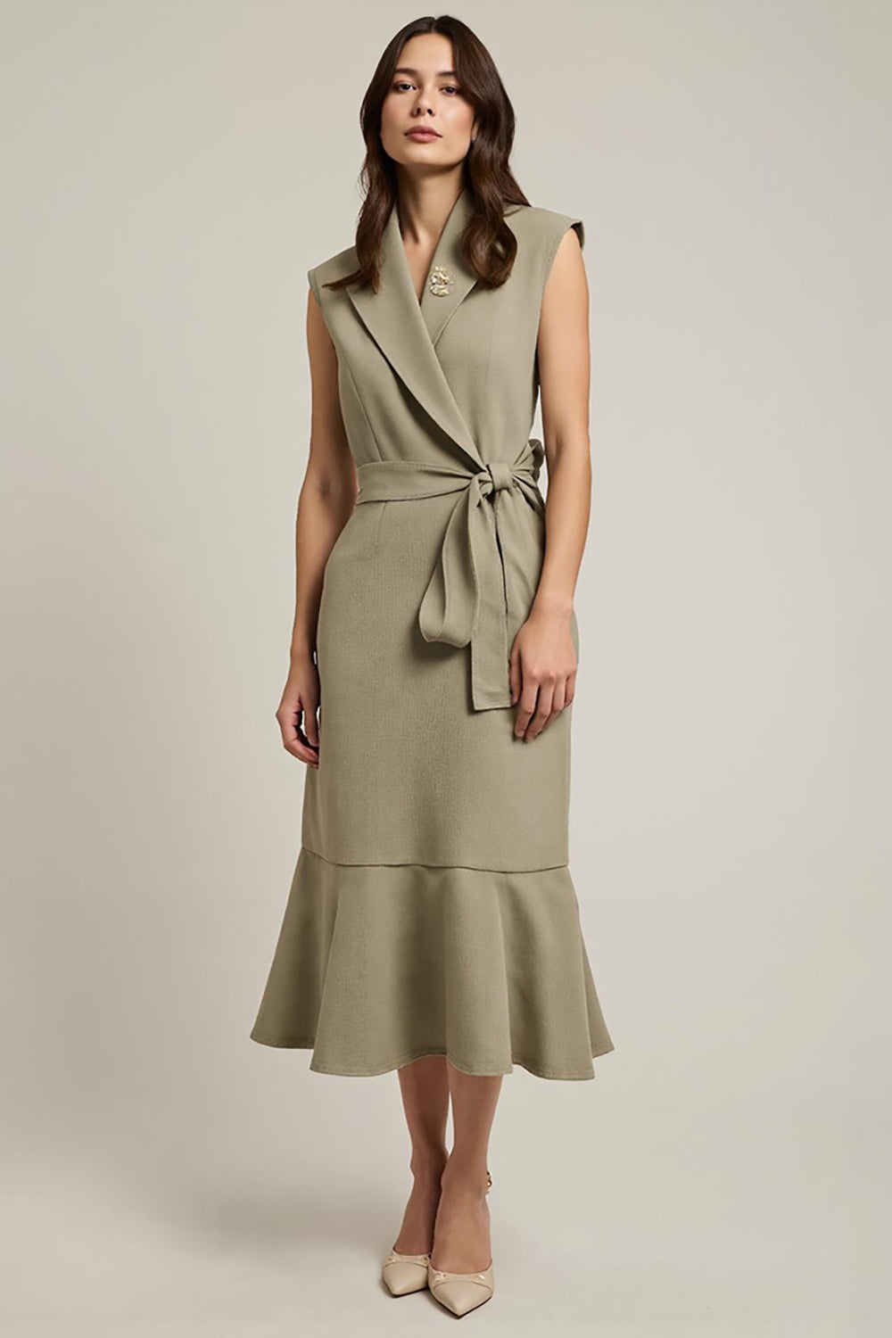 Midi Grey Green Shawl Lapel Pencil Work Dress with Sash