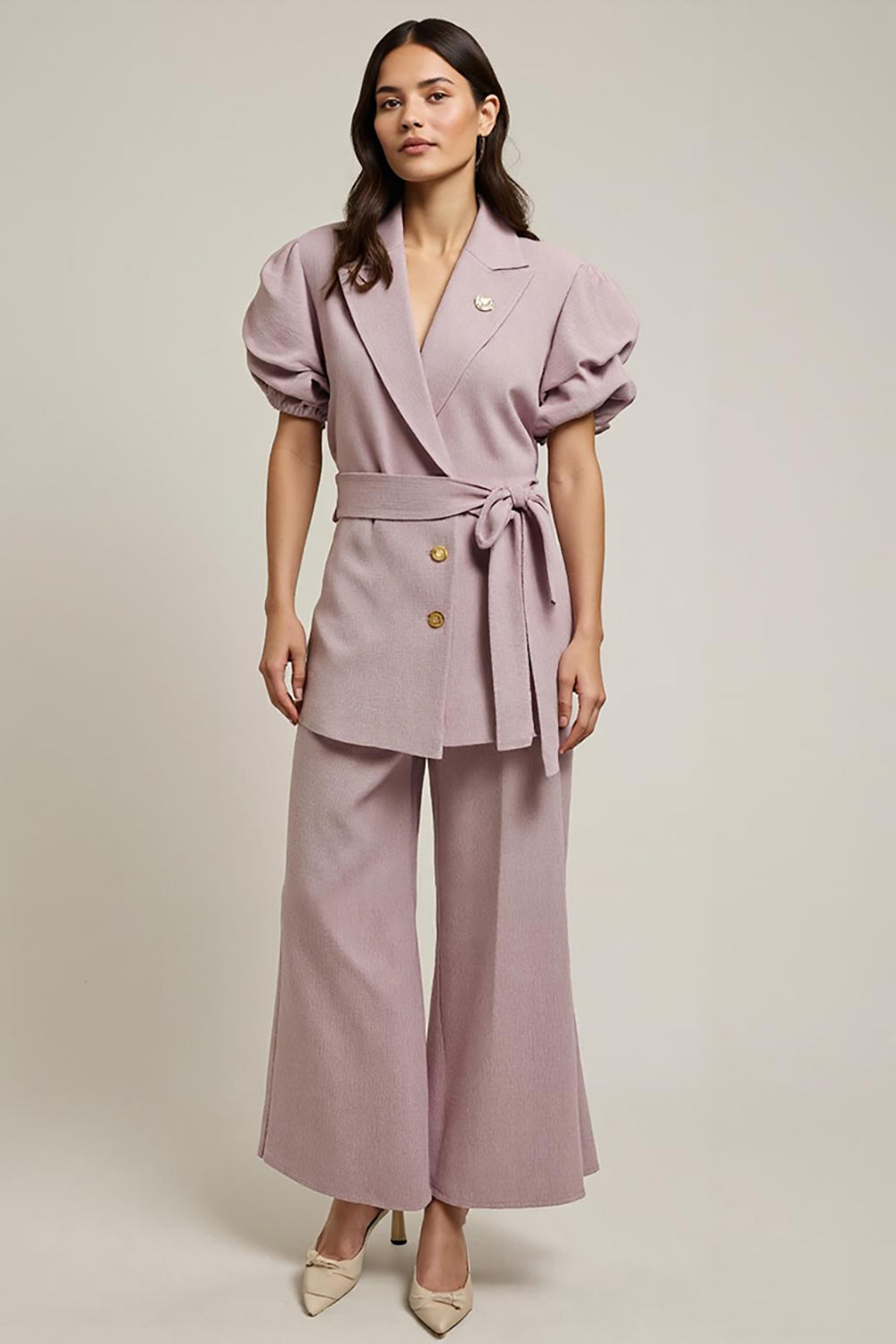 Leely Women Grey Pink 2 Piece Business Suits with Sleeves Notched Lapel Single Breasted Work Suits with Sash