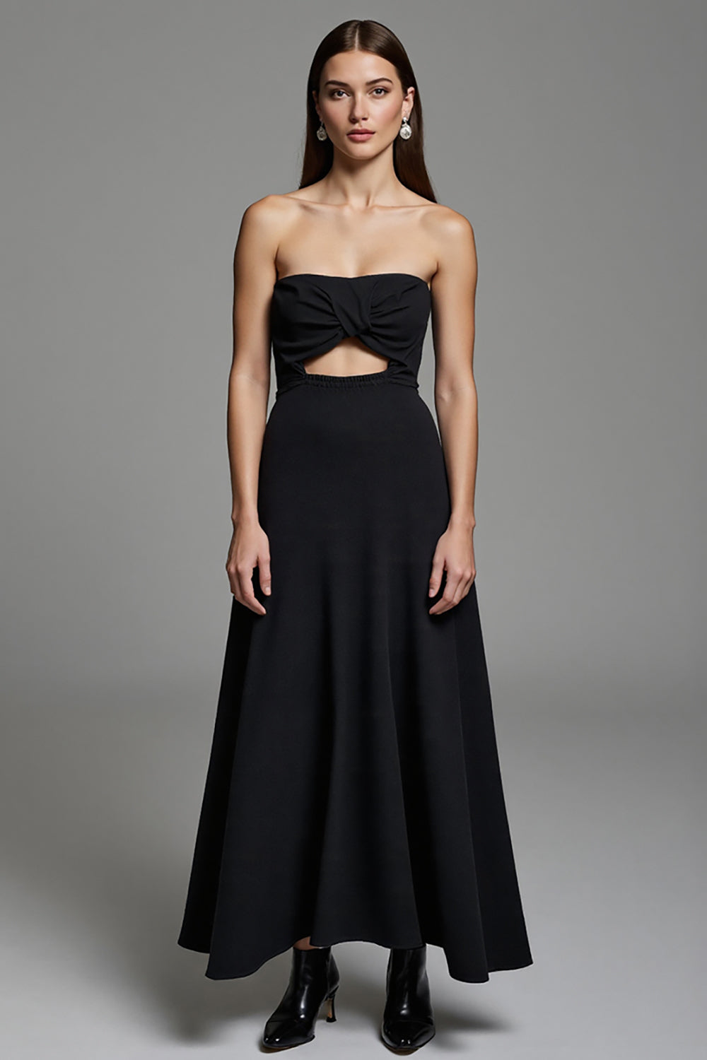 Leely Women Black Keyhole Maxi Work Dress Strapless A Line Sleeveless Interview Dress