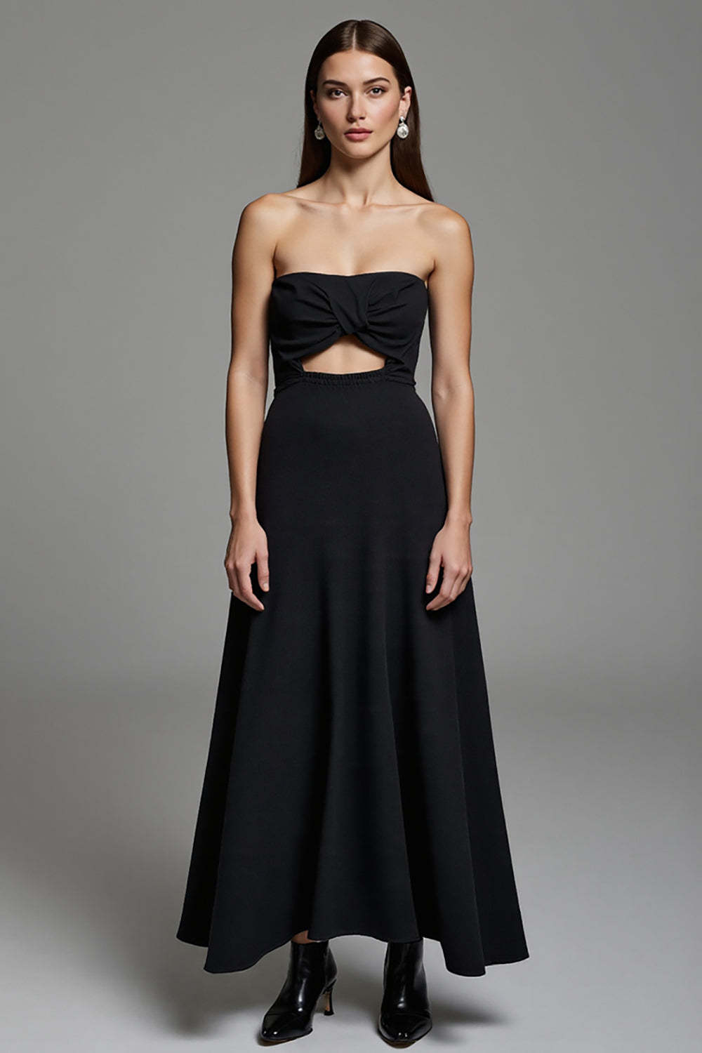 Leely Women Black Keyhole Maxi Work Dress Strapless A Line Sleeveless Interview Dress