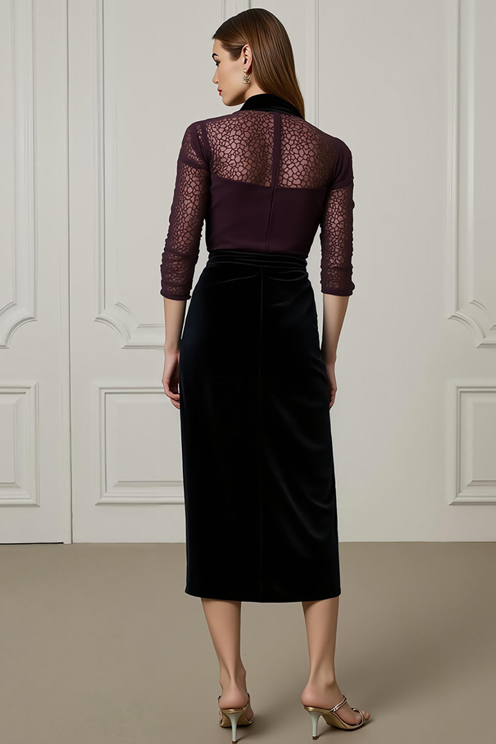 2 Piece Dark Purple High Neck Pencil Blouses and Velvet Skirt