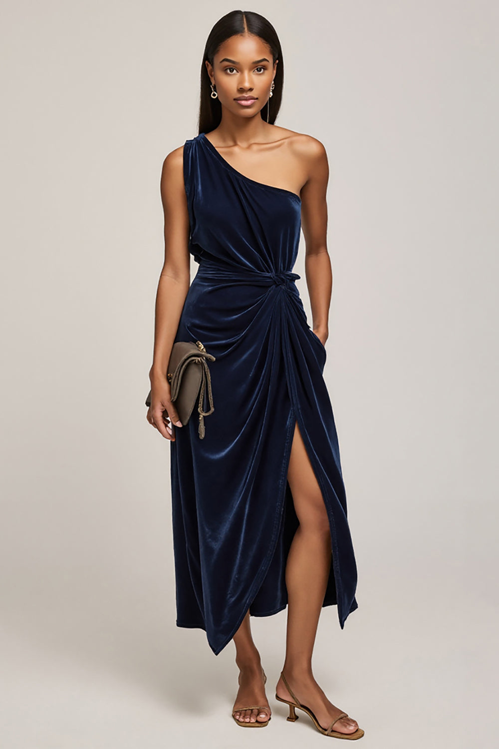Navy Velvet Midi One Shoulder Ruched Work Dress with Slit