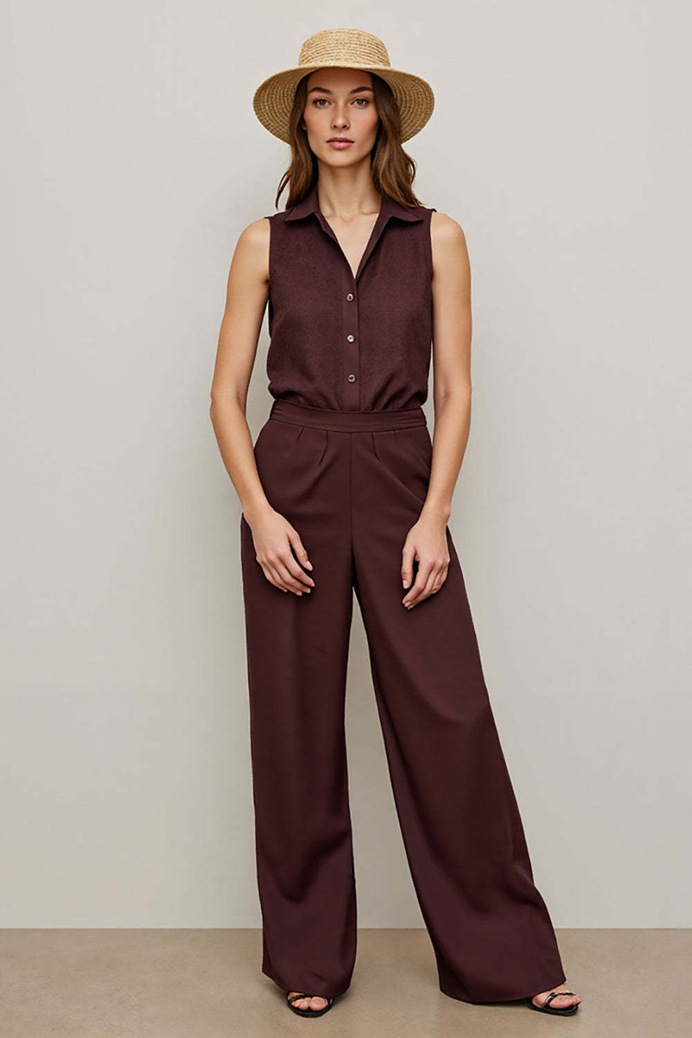 Leely Women Coffee Shirt Work Jumpsuits Collar Neck Interview Jumpsuits with Buttons