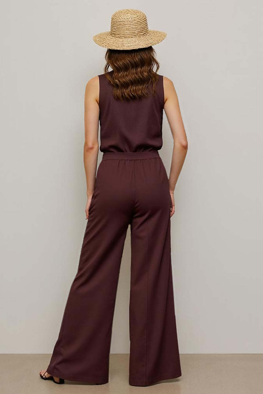 Coffee Collar Neck Shirt Work Jumpsuits with Buttons