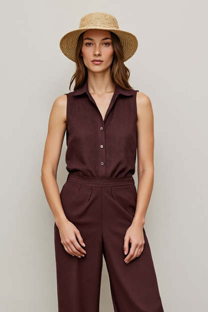 Coffee Collar Neck Shirt Work Jumpsuits with Buttons