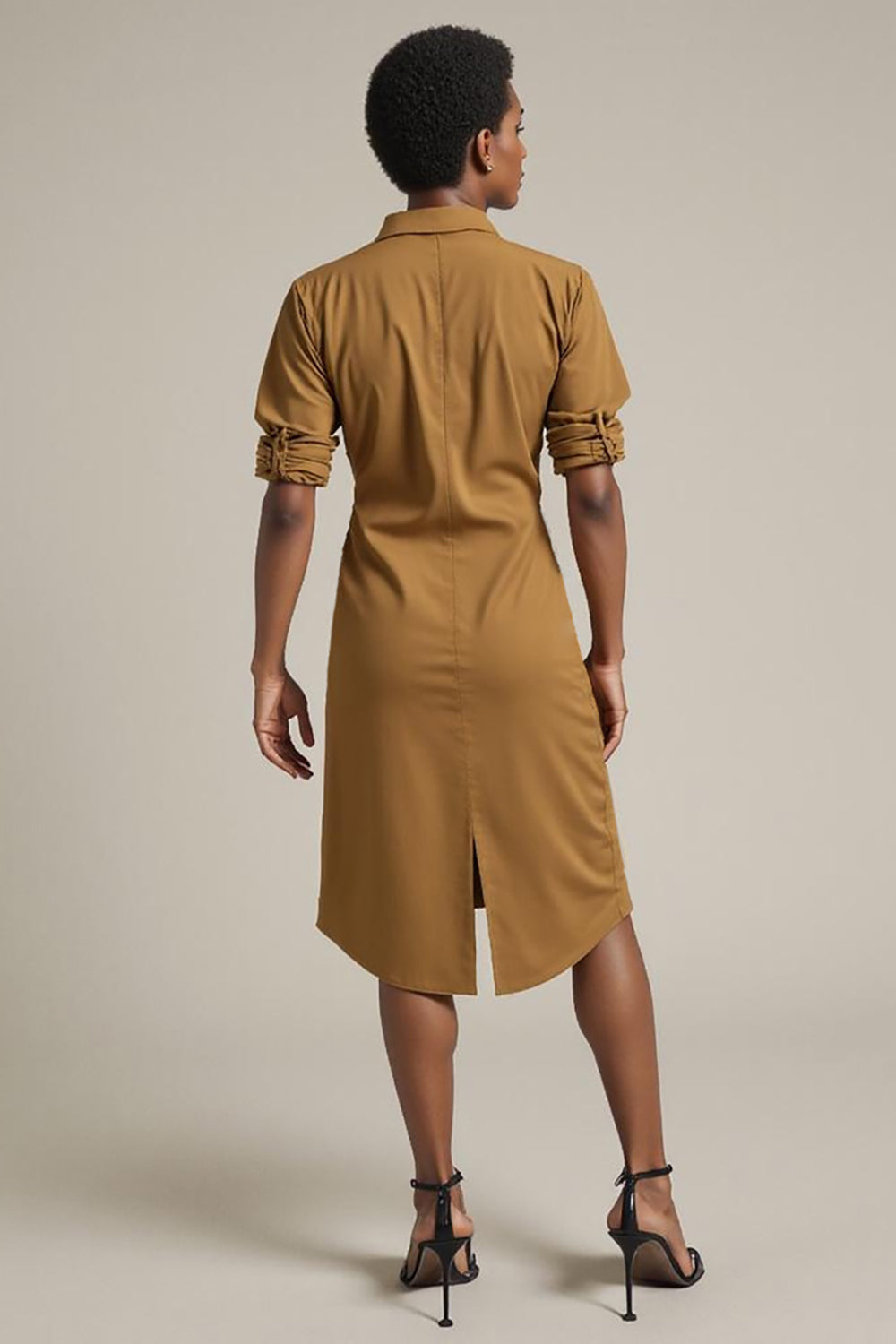 Yellow Midi Collar Neck Pencil Work Dress with Sleeves