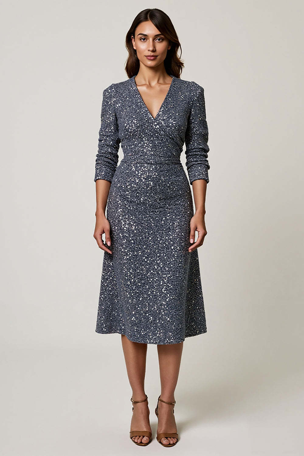 Leely Women Sparkly Grey Blue Sequins Midi Work Dress with Sleeves V-Neck A-Line Cocktail Dress