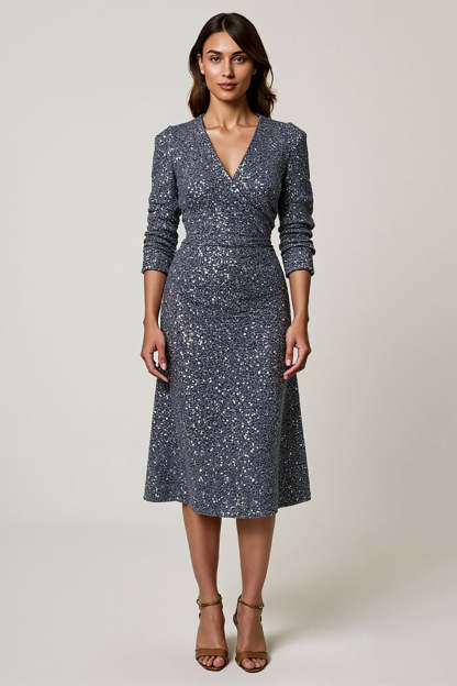 Leely Women Sparkly Grey Blue Sequins Midi Work Dress with Sleeves V-Neck A-Line Cocktail Dress