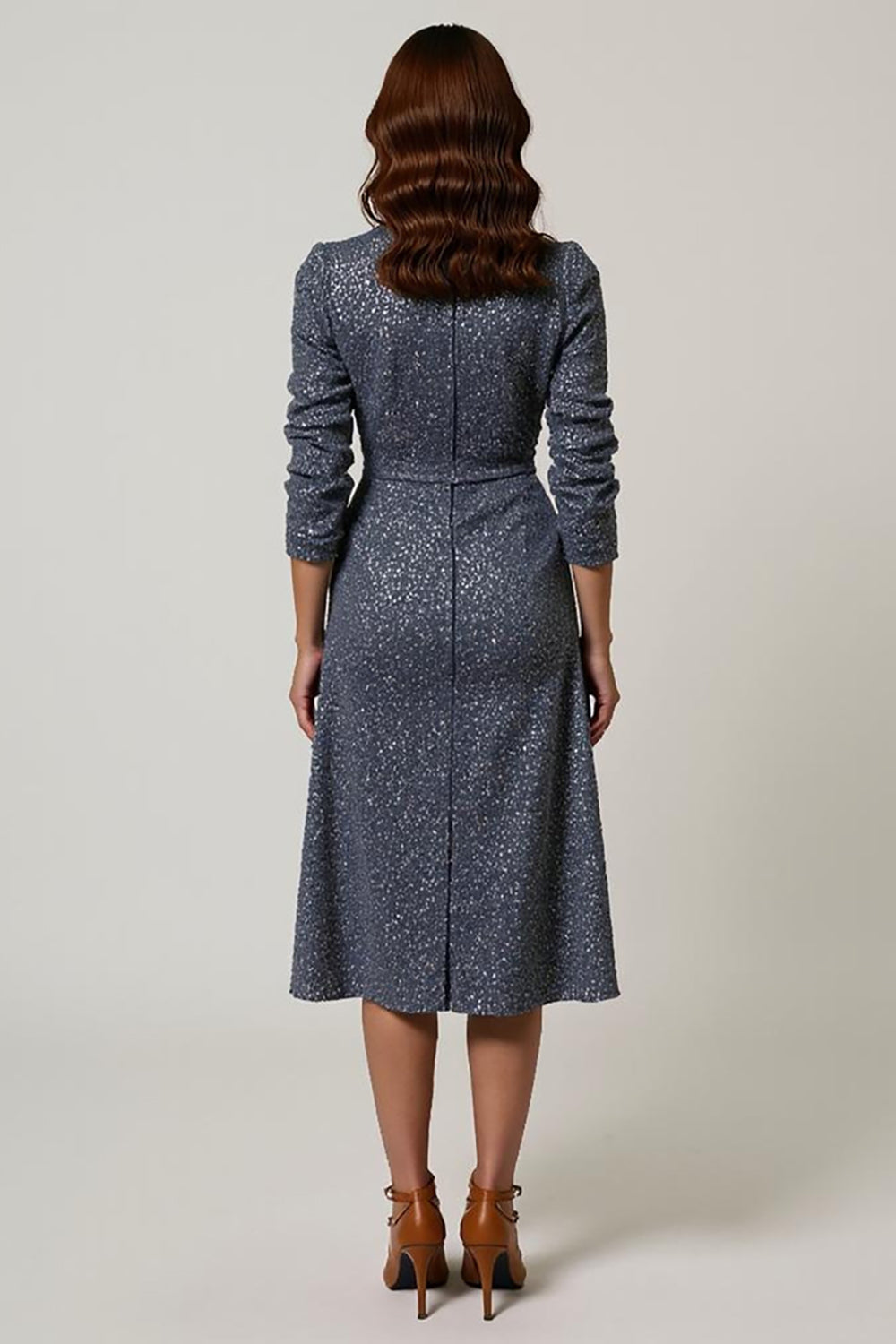 Sparkly Grey Blue Sequins V-Neck Midi Work Dress with Sleeves
