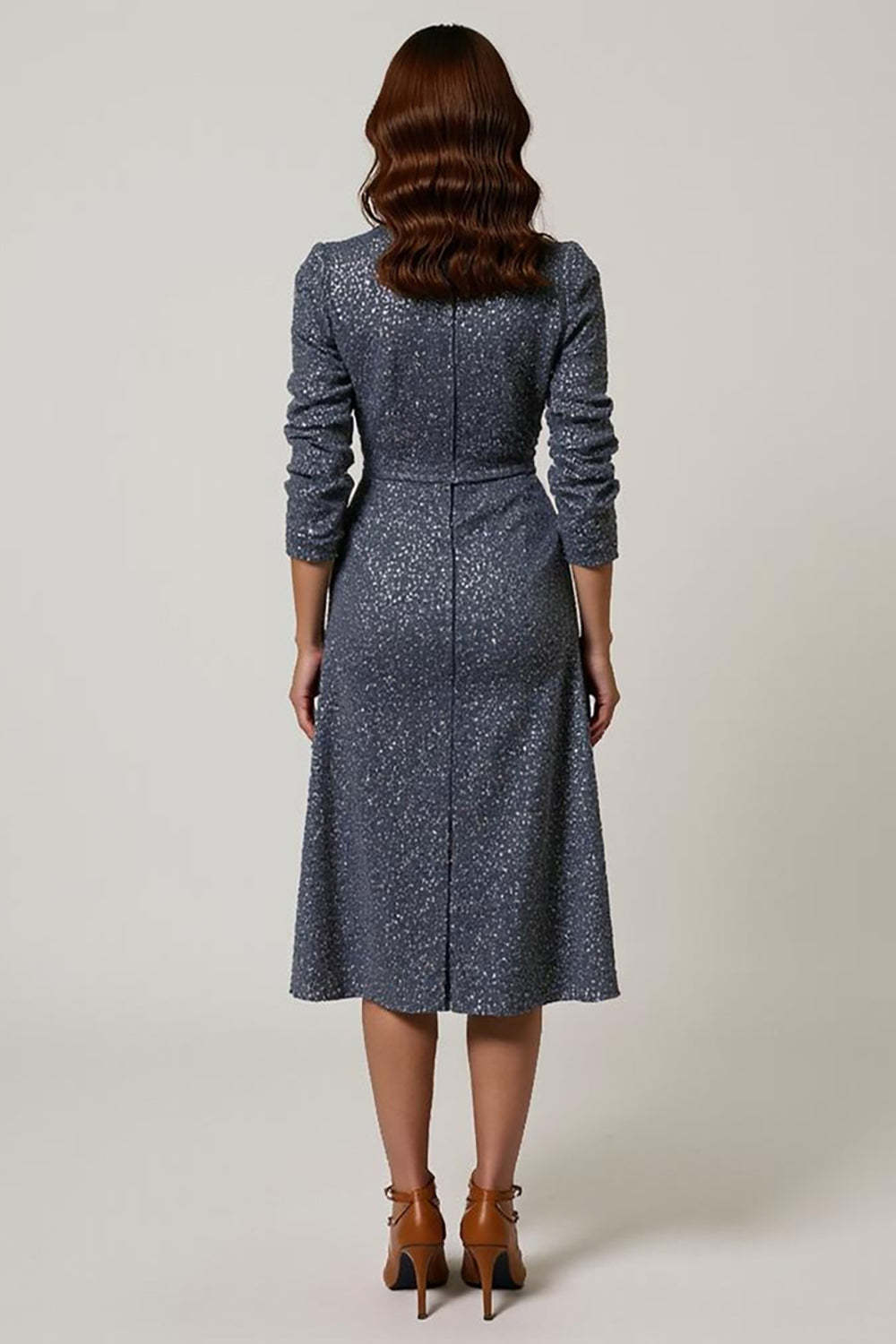 Sparkly Grey Blue Sequins V-Neck Midi Work Dress with Sleeves
