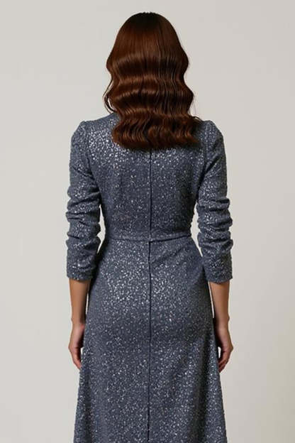 Sparkly Grey Blue Sequins V-Neck Midi Work Dress with Sleeves