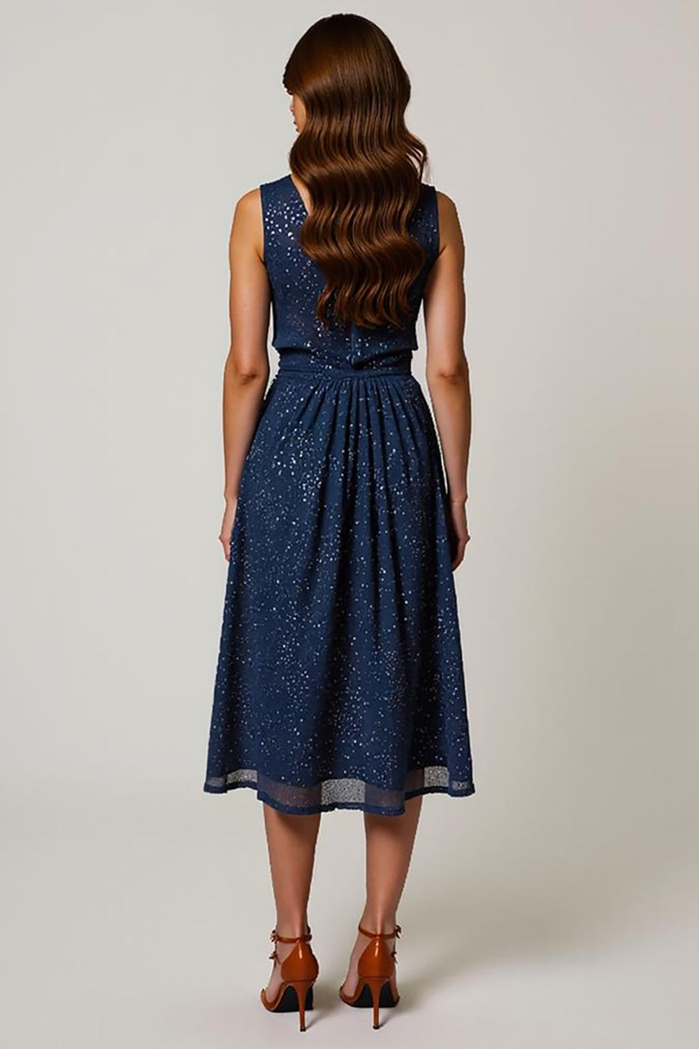 Sparkly Navy V-Neck Ruched A-Line Midi Work Dress