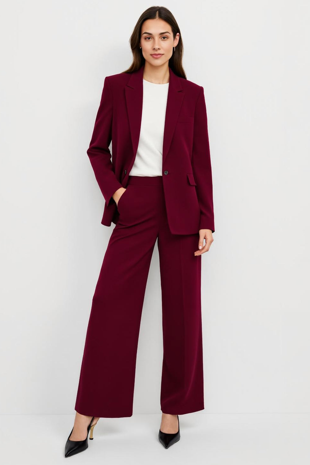 Leely Women Burgundy 2 Piece Notched Lapel Business Suits with Pockets Satin One Button Work Suits with Sleeves