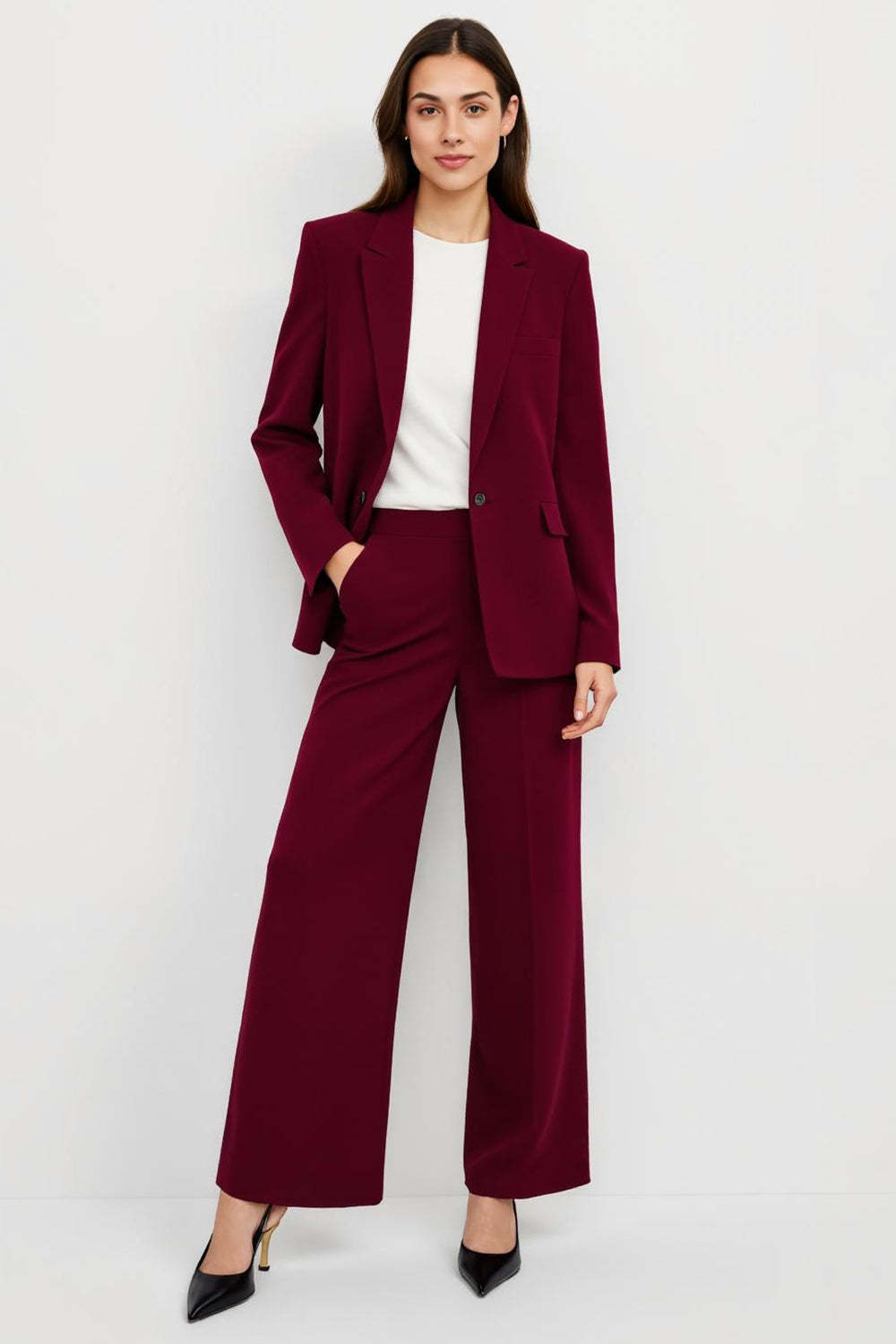 Leely Women Burgundy 2 Piece Notched Lapel Business Suits with Pockets Satin One Button Work Suits with Sleeves