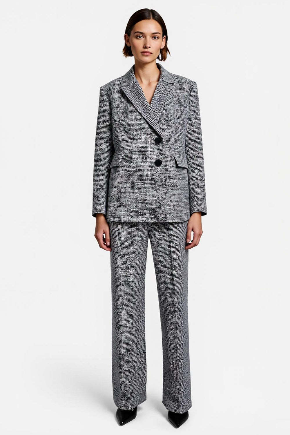 Leely Women Grey Tweed 2 Piece Business Suits Notched Lapel Single Breasted Long Sleeves Work Suits