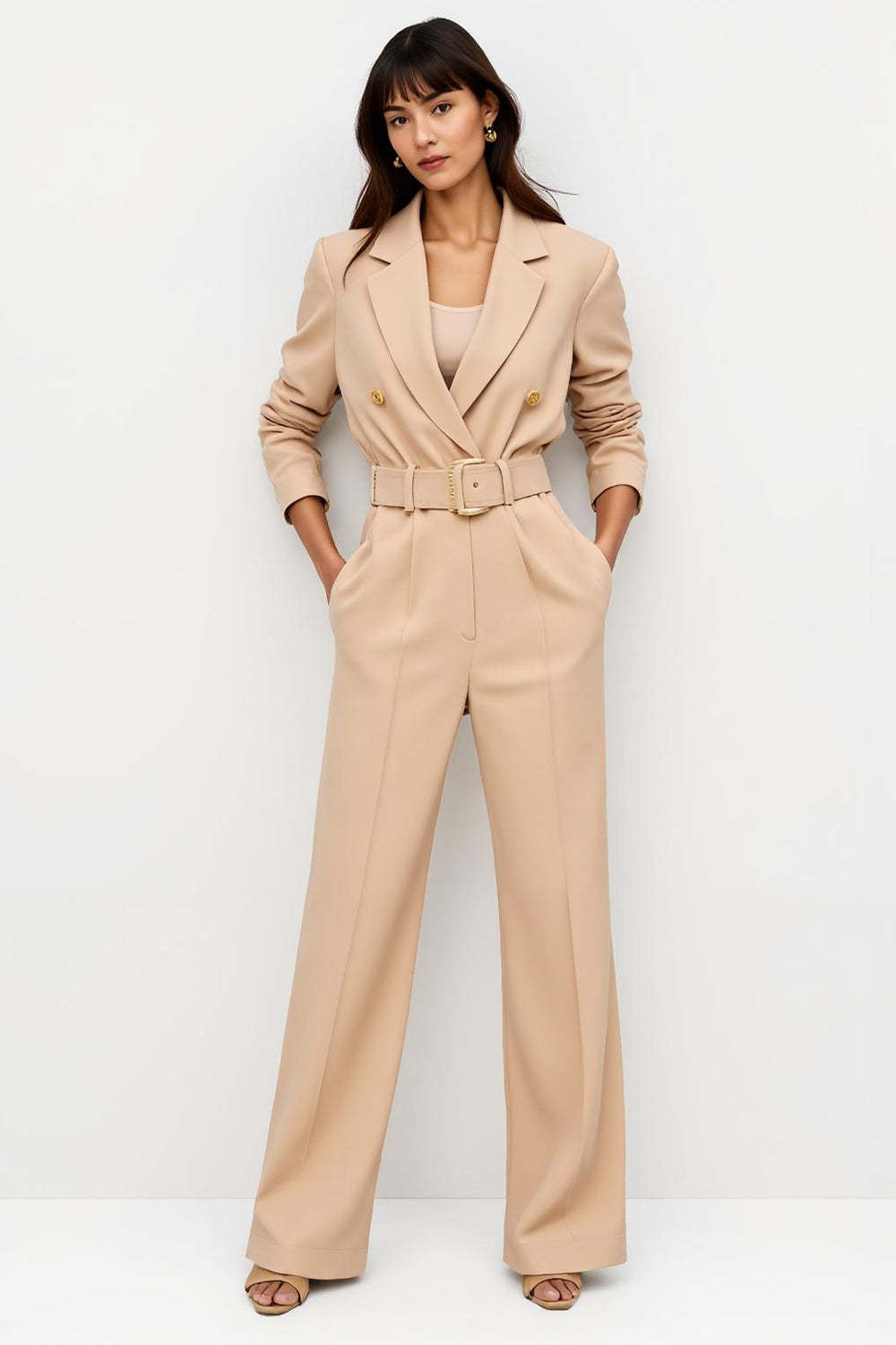 Leely Women Apricot Satin Work Jumpsuits with Belt Long Sleeves Notched Lapel Business Rompers with Pockets