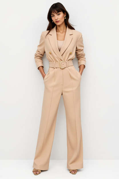 Leely Women Apricot Satin Work Jumpsuits with Belt Long Sleeves Notched Lapel Business Rompers with Pockets