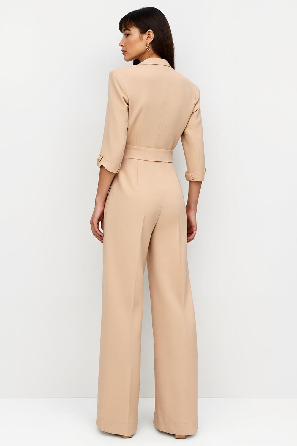 Apricot Satin Long Sleeves Notched Lapel Work Jumpsuits with Pockets
