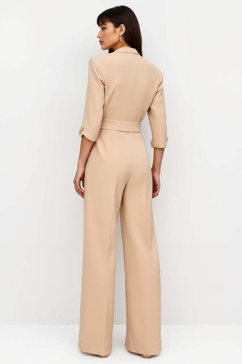 Apricot Satin Long Sleeves Notched Lapel Work Jumpsuits with Pockets
