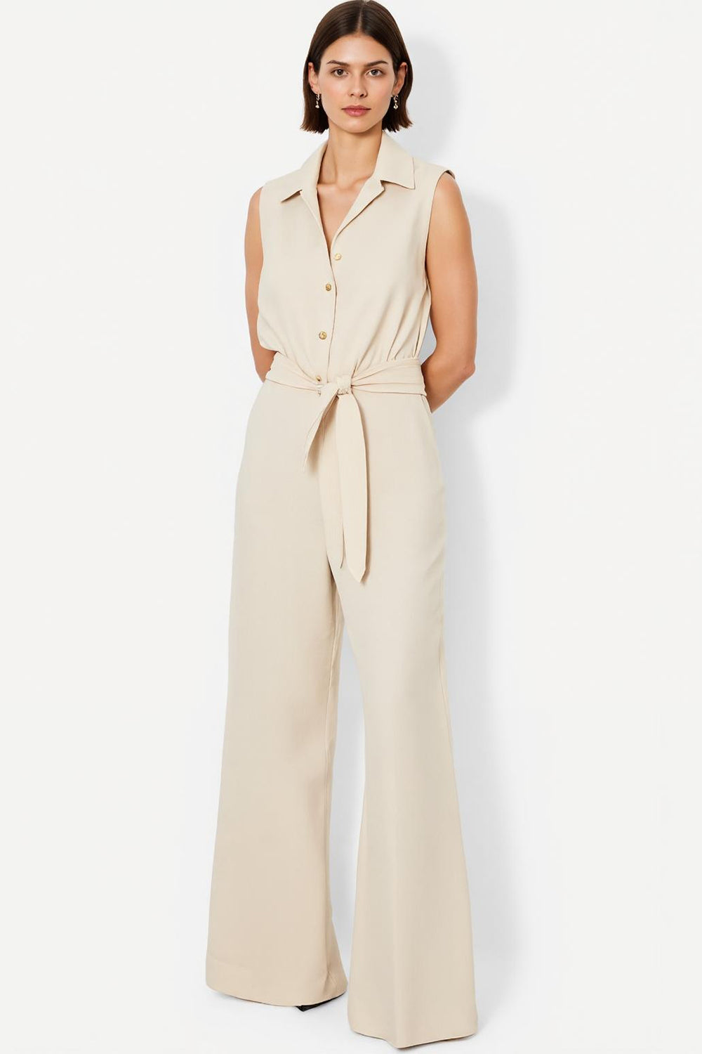 Ivory Collar Neck Sleeveless Shirt Buttons Work Jumpsuits with Sash