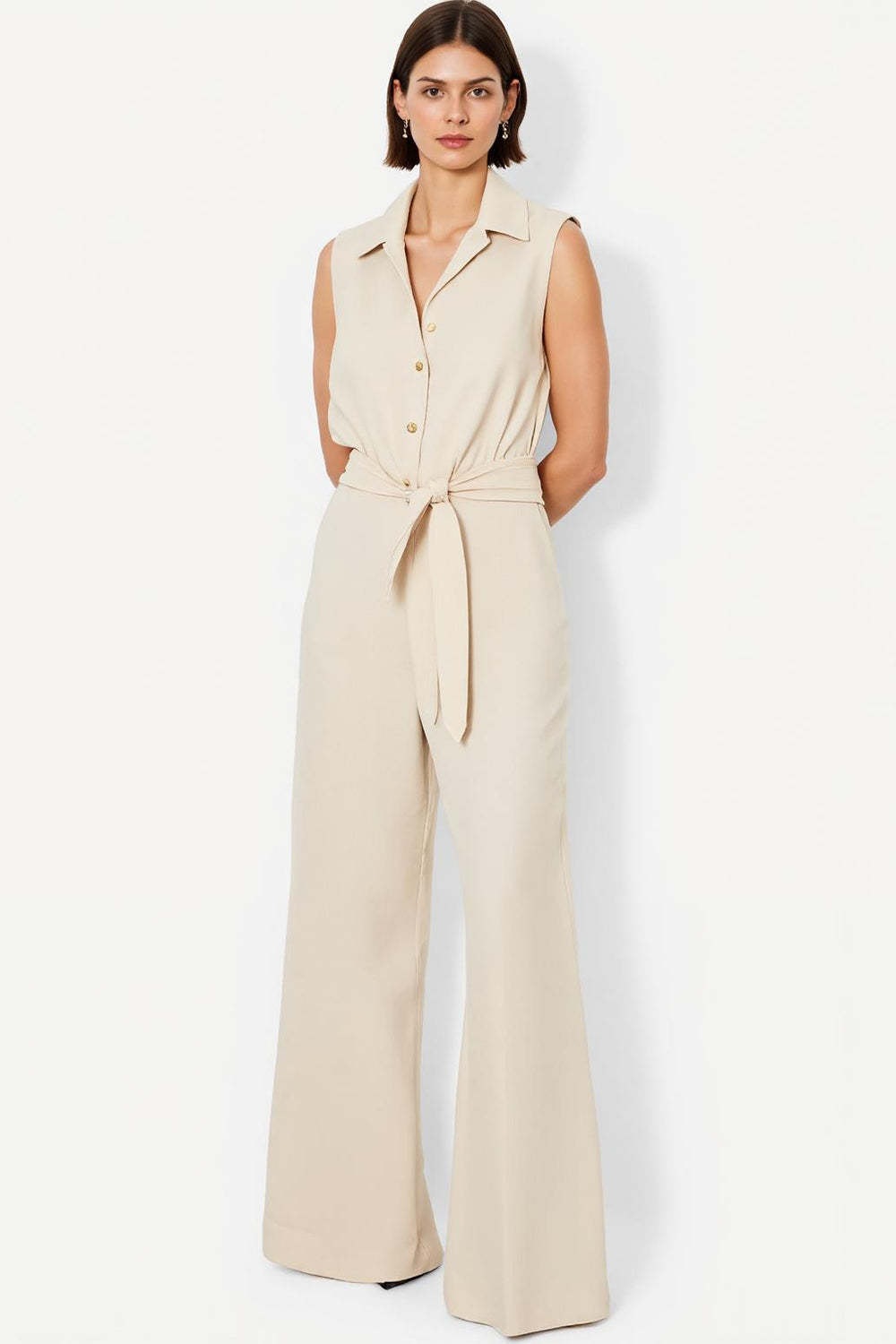 Leely Women Ivory Satin Work Jumpsuits with Sash Shirt Buttons Collar Neck Sleeveless Wide Leg Business Rompers