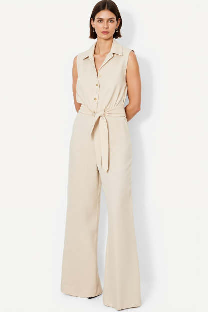 Leely Women Ivory Satin Work Jumpsuits with Sash Shirt Buttons Collar Neck Sleeveless Wide Leg Business Rompers